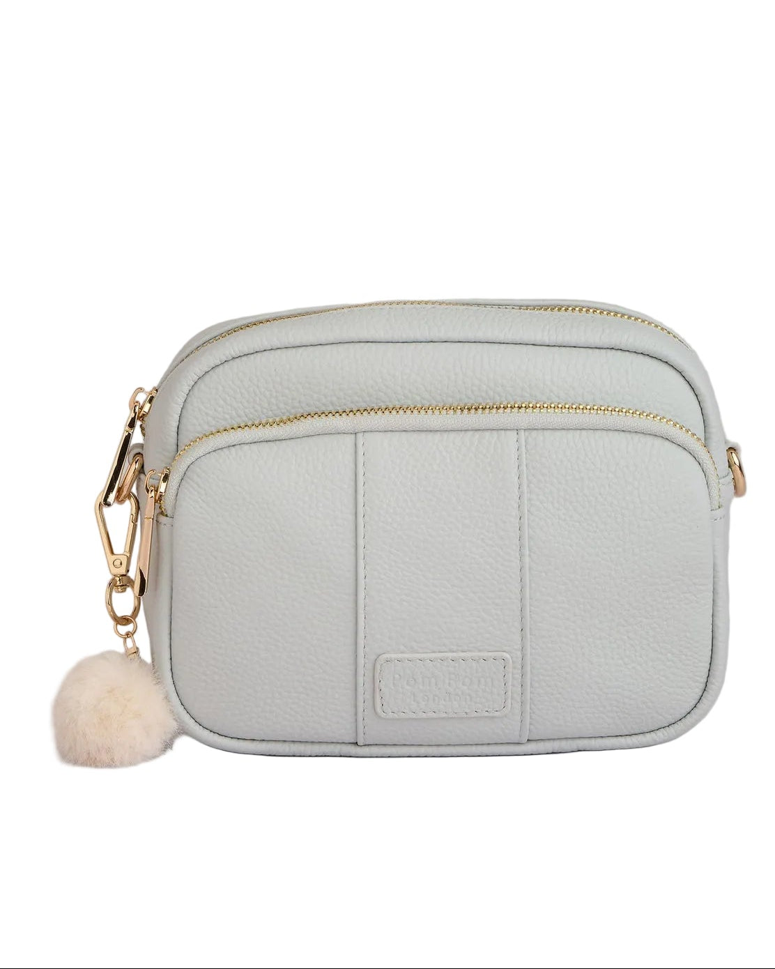 Pom Pom London Original leather crossbody bag with three zip compartments and gold hardware available at Be Charmed.