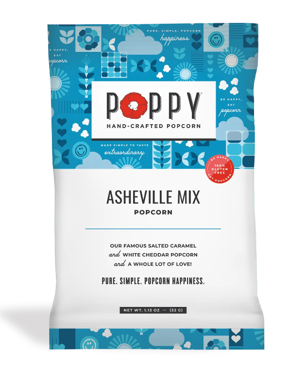 Poppy Handcrafted Popcorn Asheville Mix Snack Bag with a gourmet cheddar and caramel blend in a portable, sweet-and-savory snack, available at Be Charmed