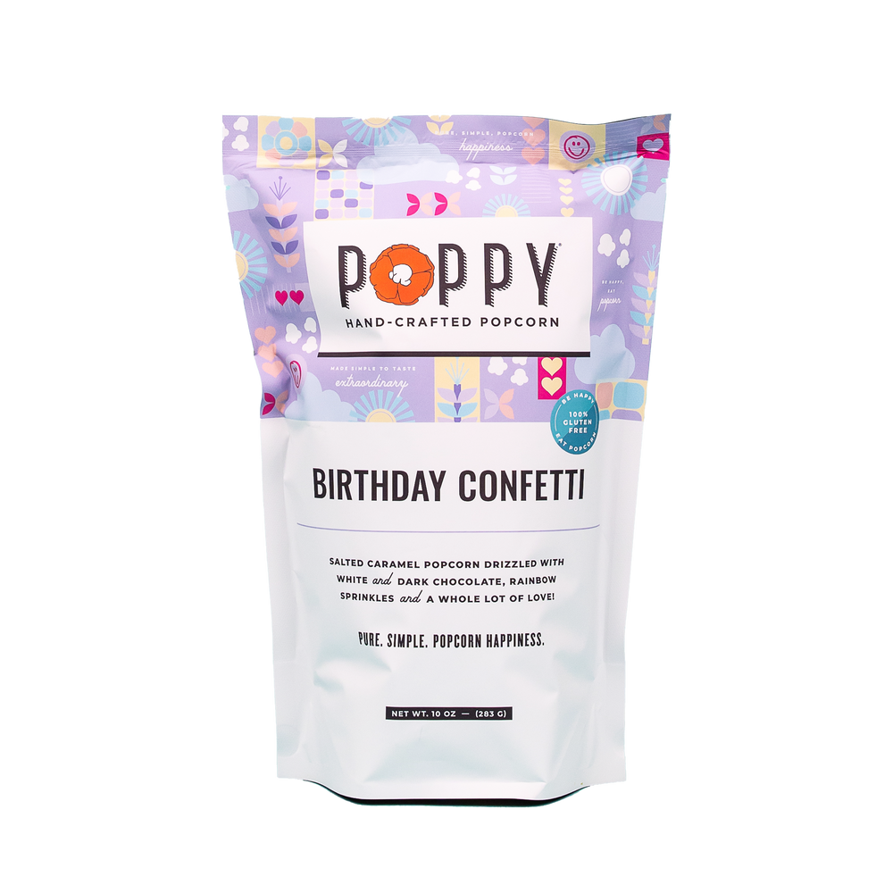 Poppy Handcrafted Popcorn Birthday Confetti colorful gourmet popcorn with festive sprinkles. Available at Be Charmed