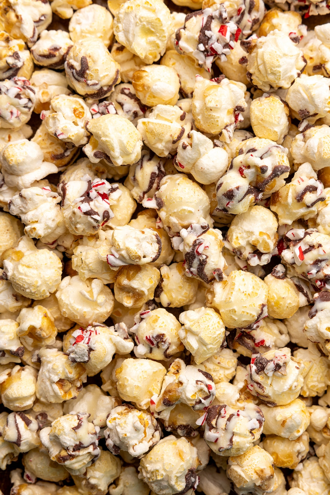 Close-up of poppy peppermint bark popcorn with chocolate chips and candy cane bits. Available at Be Charmed. 