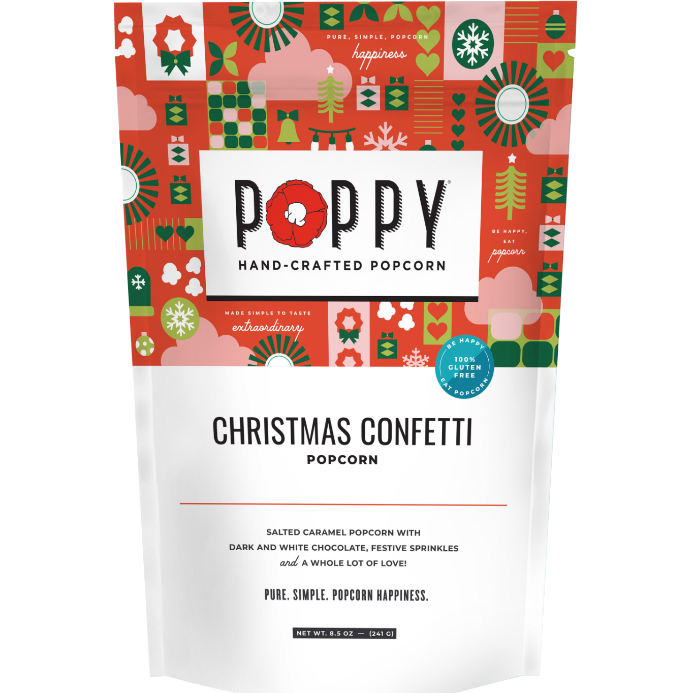 Poppy Handcrafted Popcorn Christmas Confetti Bag – sweet festive holiday popcorn blend, perfect for parties or gifting. Available at Be Charmed