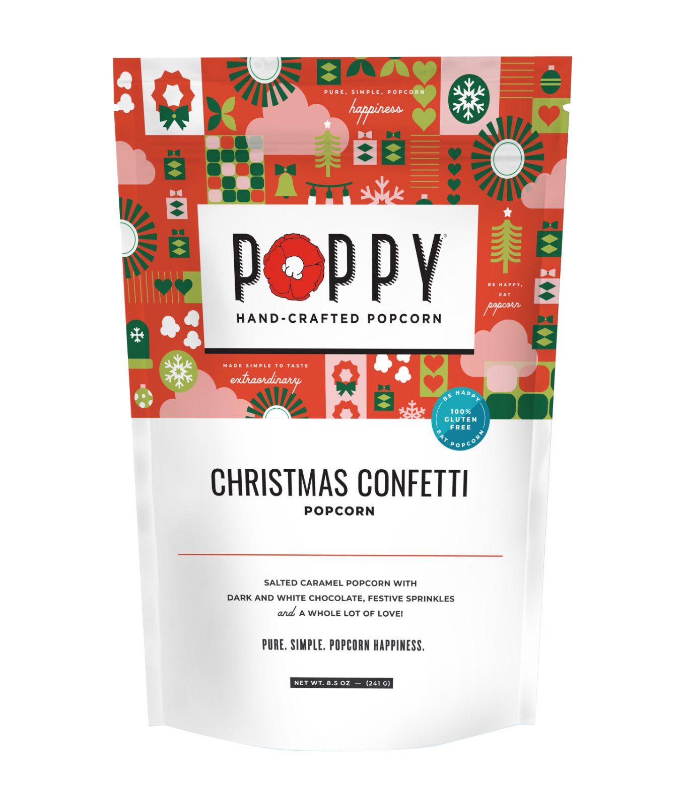 Poppy Handcrafted Popcorn Christmas Confetti Bag – sweet festive holiday popcorn blend, perfect for parties or gifting. Available at Be Charmed