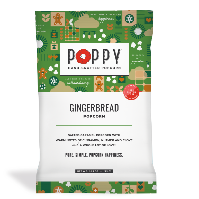 Poppy Handcrafted Popcorn Gingerbread Snack Bag – festive holiday popcorn with warm gingerbread flavor, perfect for gifting. Available at Be Charmed