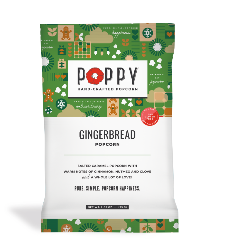 Poppy Handcrafted Popcorn Gingerbread Snack Bag – festive holiday popcorn with warm gingerbread flavor, perfect for gifting. Available at Be Charmed
