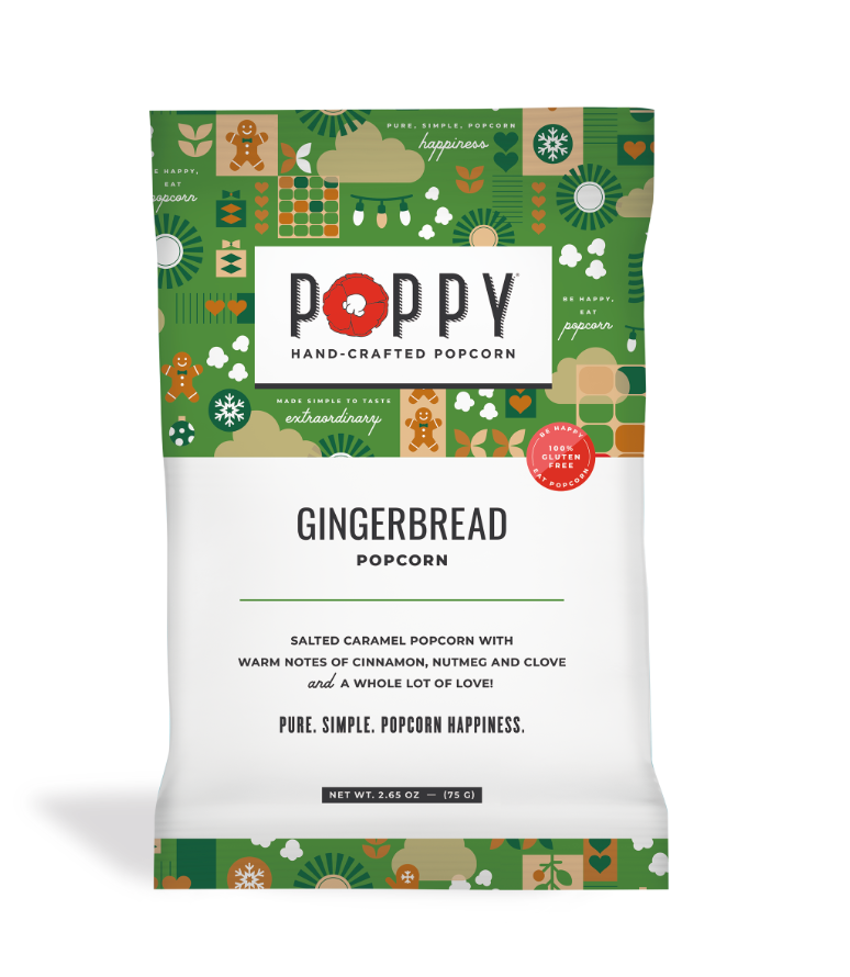 Poppy Handcrafted Popcorn Gingerbread Snack Bag – festive holiday popcorn with warm gingerbread flavor, perfect for gifting. Available at Be Charmed