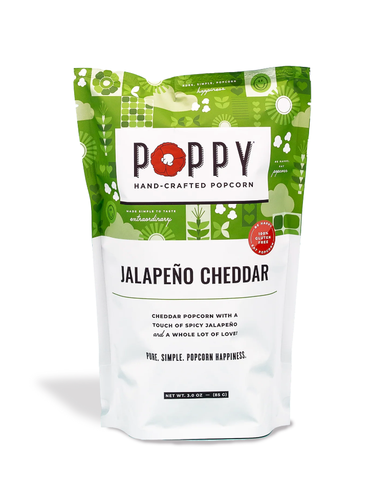 Poppy Handcrafted Popcorn Jalapeño Cheddar flavor featuring spicy jalapeño and cheesy goodness in a gourmet, small-batch snack, available at Be Charmed