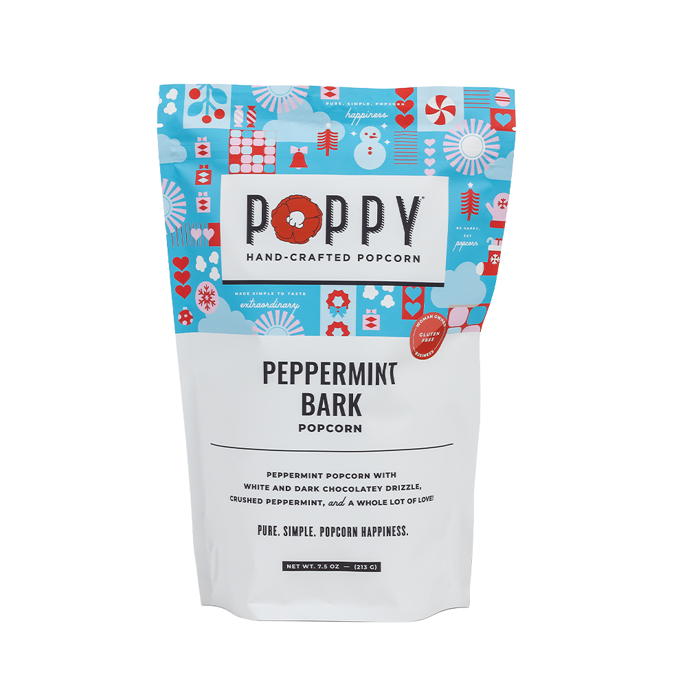 Poppy hand-crafted popcorn peppermint bark packaging on a white background. Available at Be Charmed.