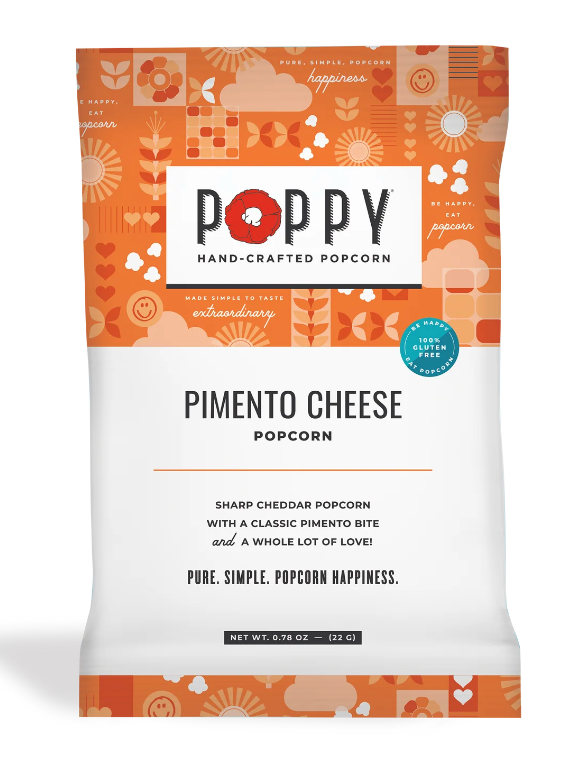 Poppy Handcrafted Popcorn Pimento Cheese Snack Bag featuring bold Southern-style cheddar and pepper flavor in a cheesy, savory gourmet snack, available at Be Charmed