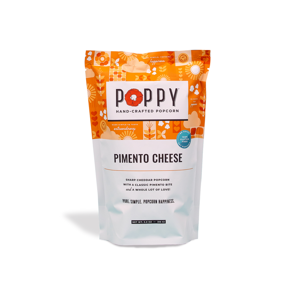 Poppy Handcrafted Popcorn Pimento Cheese – savory Southern-style popcorn with bold cheese flavor, perfect for sharing or gifting. Available at Be Charmed