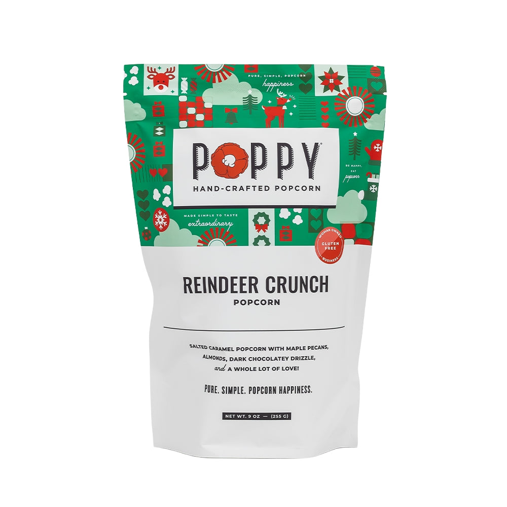 Poppy Handcrafted Popcorn Reindeer Crunch – festive sweet & salty holiday popcorn mix, perfect for sharing or gifting. Available at Be Charmed