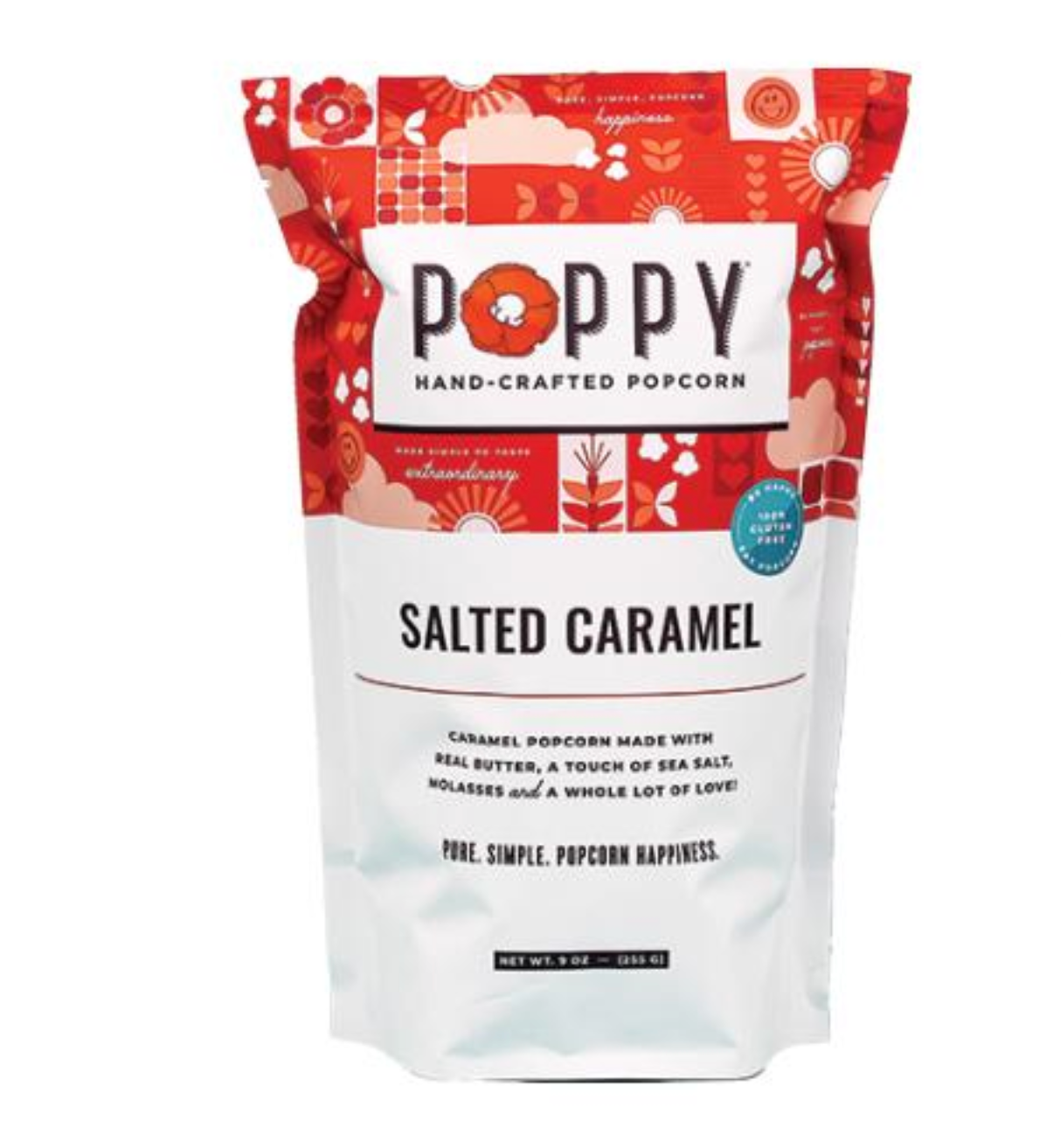 Poppy Handcrafted Popcorn Salted Caramel flavor featuring buttery caramel and sea salt in a sweet, gourmet snack, handcrafted and available at Be Charmed
