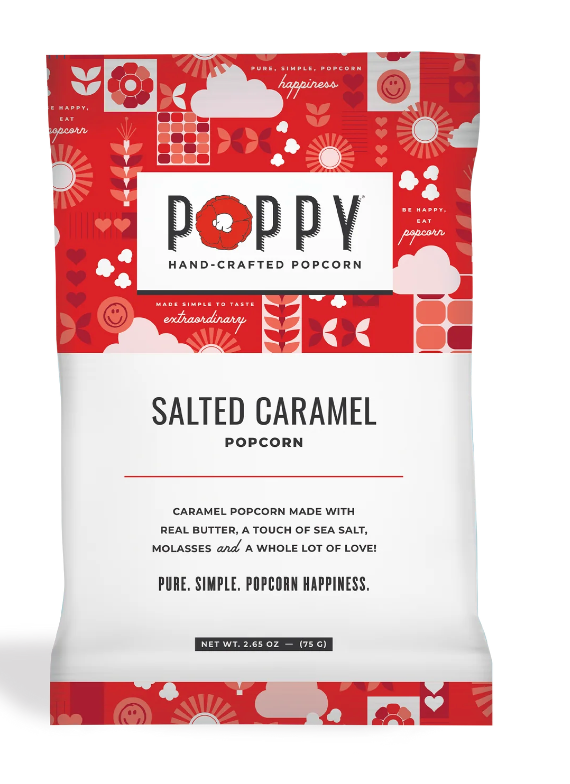 Poppy Handcrafted Popcorn Salted Caramel Snack Bag featuring buttery caramel popcorn with a touch of sea salt in a portable gourmet treat, available at Be Charmed