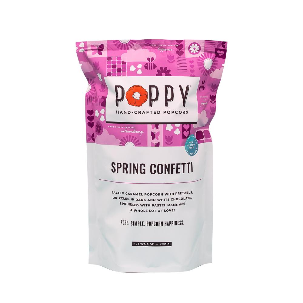 Poppy Handcrafted Spring Confetti popcorn with colorful sweet coating and gourmet crunch, festive snack perfect for gifting, Available at Be Charmed