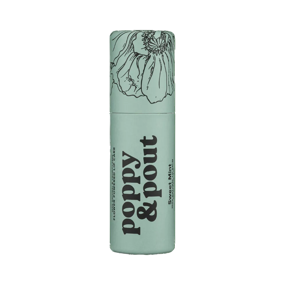 Sweet Mint Lip balm container with 'Poppy & Pout' branding. Available at Be Charmed