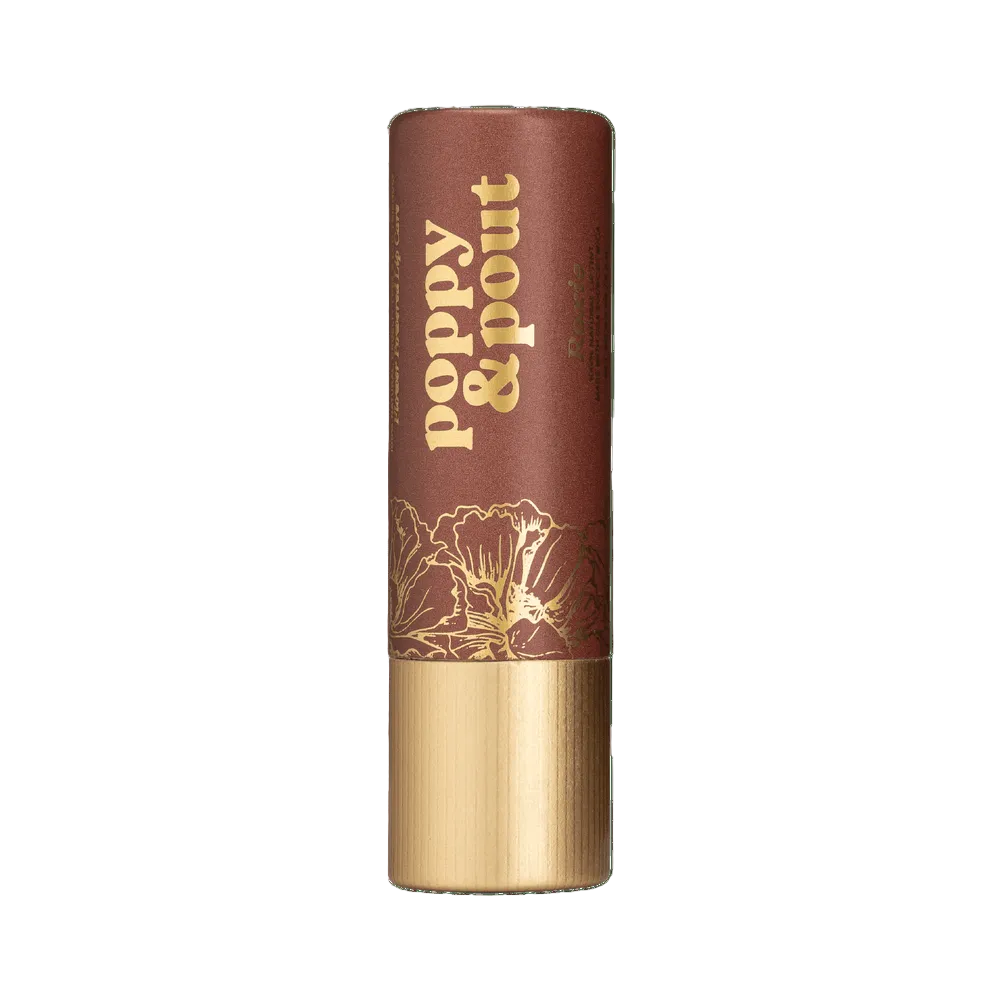  Poppy & Pout Roxie Lip balm with gold text and floral design on a background. Available at Be Charmed