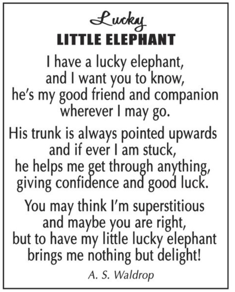 Product card for a small silver-tone Ganz elephant pocket token with an upward-pointing trunk and a printed story card.