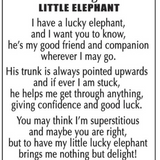 Product card for a small silver-tone Ganz elephant pocket token with an upward-pointing trunk and a printed story card.