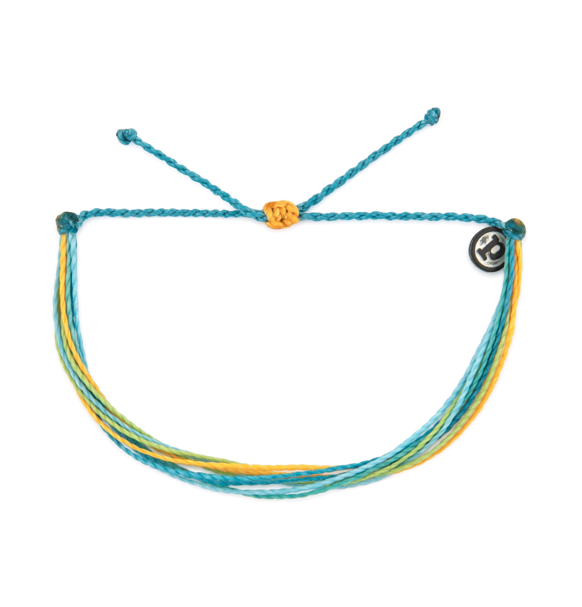 A bright original Pura Vida bracelet in shades of blue and yellow, featuring a small silver charm with a pura vida logo. Available at Be Charmed