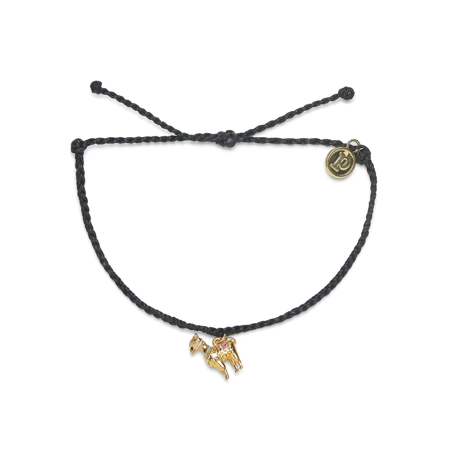 A black bracelet with a gold-colored llama charm, featuring a Pura Vida logo on the clasp. Available at Be Charmed