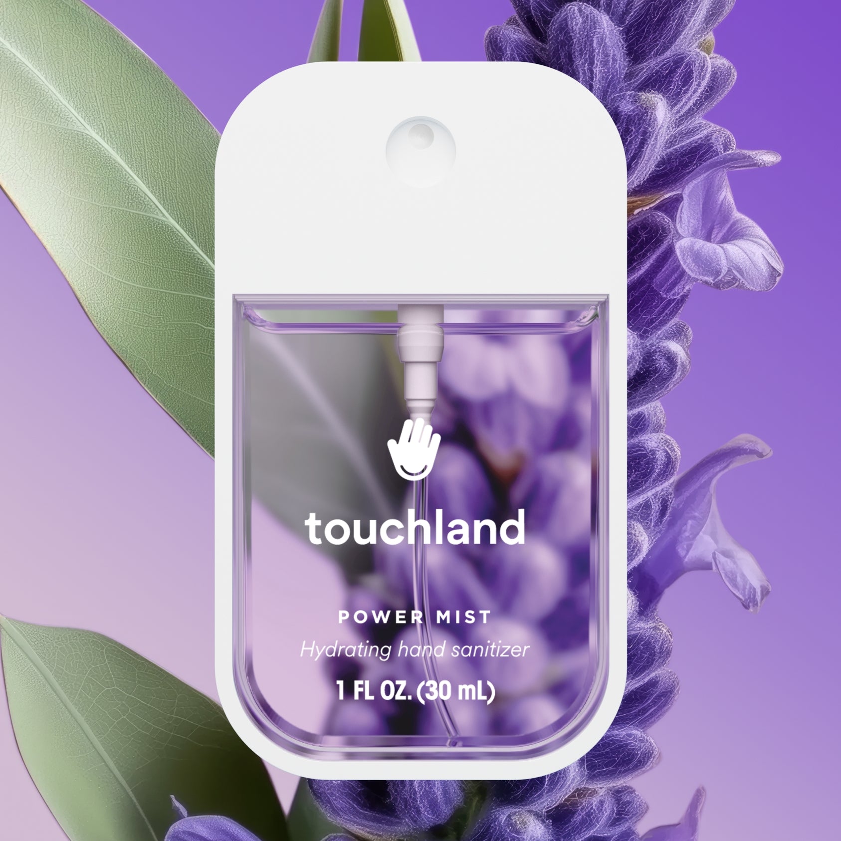 Touchland power mist hand sanitizer with lavender flowers and leaves on a purple background. Available at Be Charmed