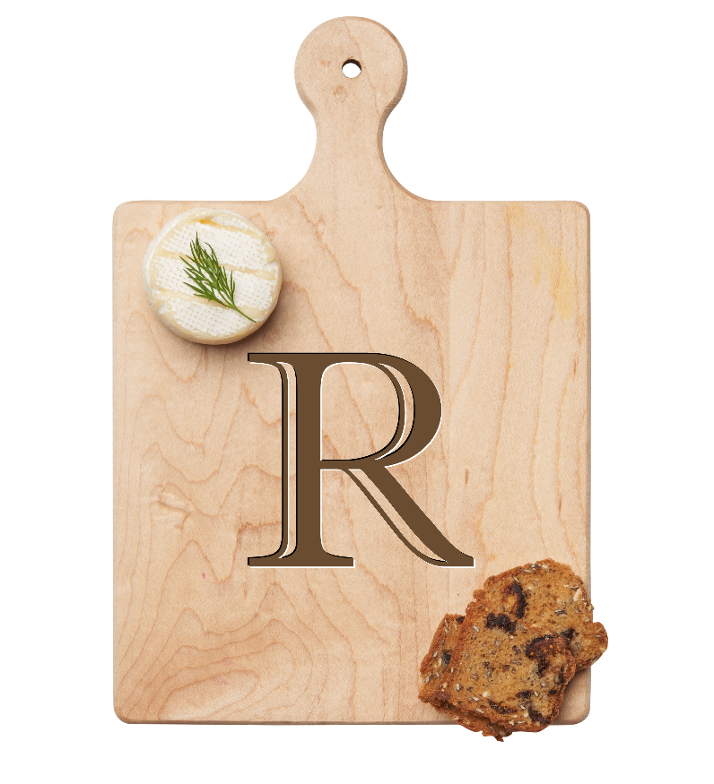 Maple Leaf 9x6 Initial Board R with Spreader. Personalized wooden serving board with monogram design. Perfect gift. Available at Be Charmed.