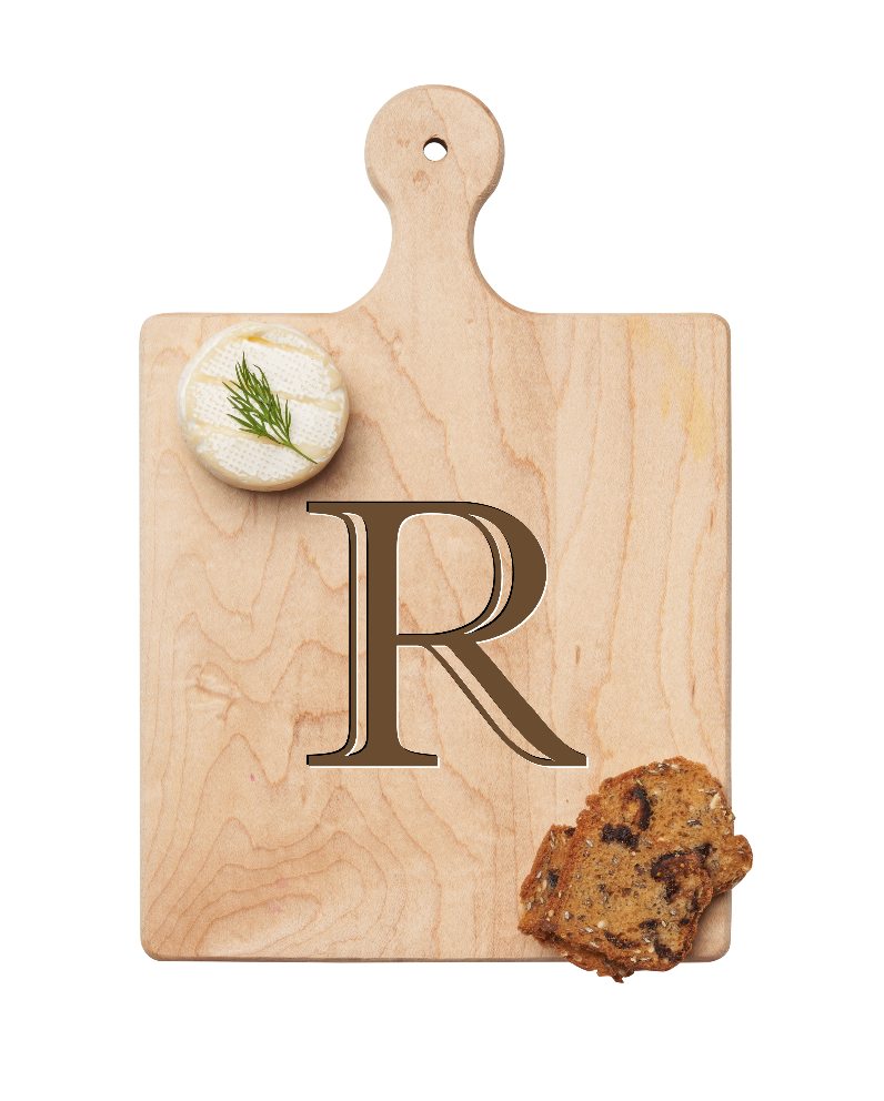 Maple Leaf 9x6 Initial Board R with Spreader. Personalized wooden serving board with monogram design. Perfect gift. Available at Be Charmed.