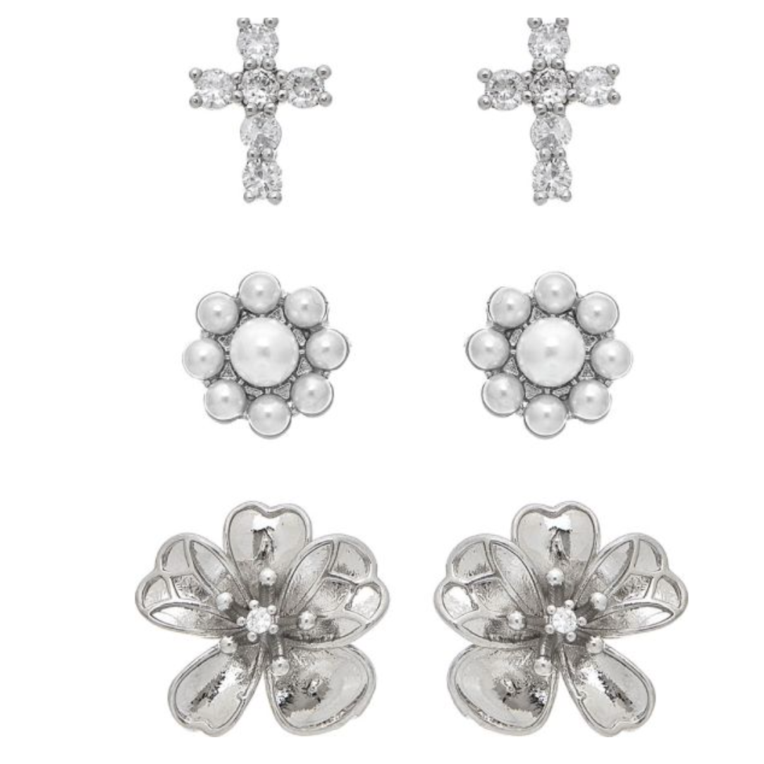 Rain Silver Faith & Flowers 3 Post Earrings 