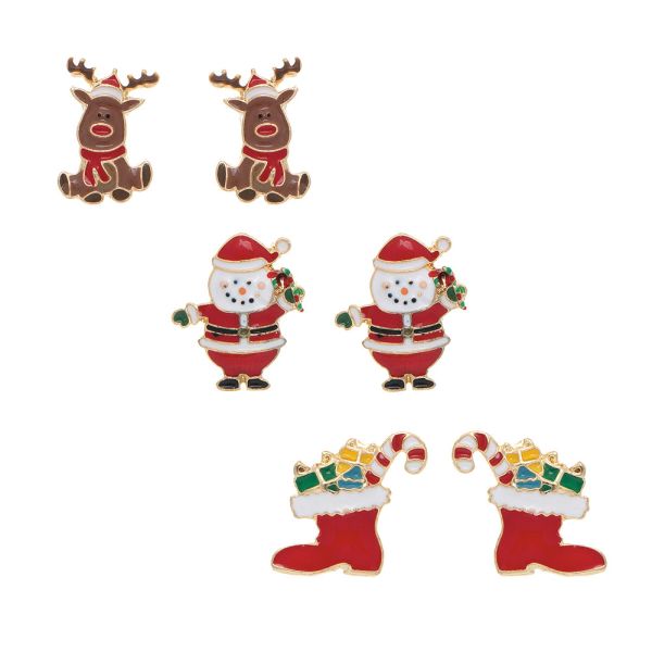 Rain Gold 3 Pair Post Christmas Deer Stocking Earrings – festive holiday earring set with deer and stocking designs. Available at Be Charmed