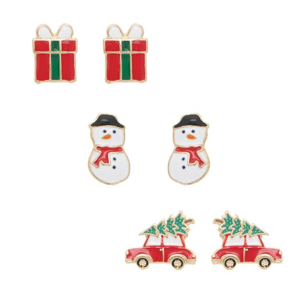 Rain Gold 3 Pair Post Christmas Gift Snowman Earrings – festive holiday earring set with snowman and present designs. Available at Be Charmed