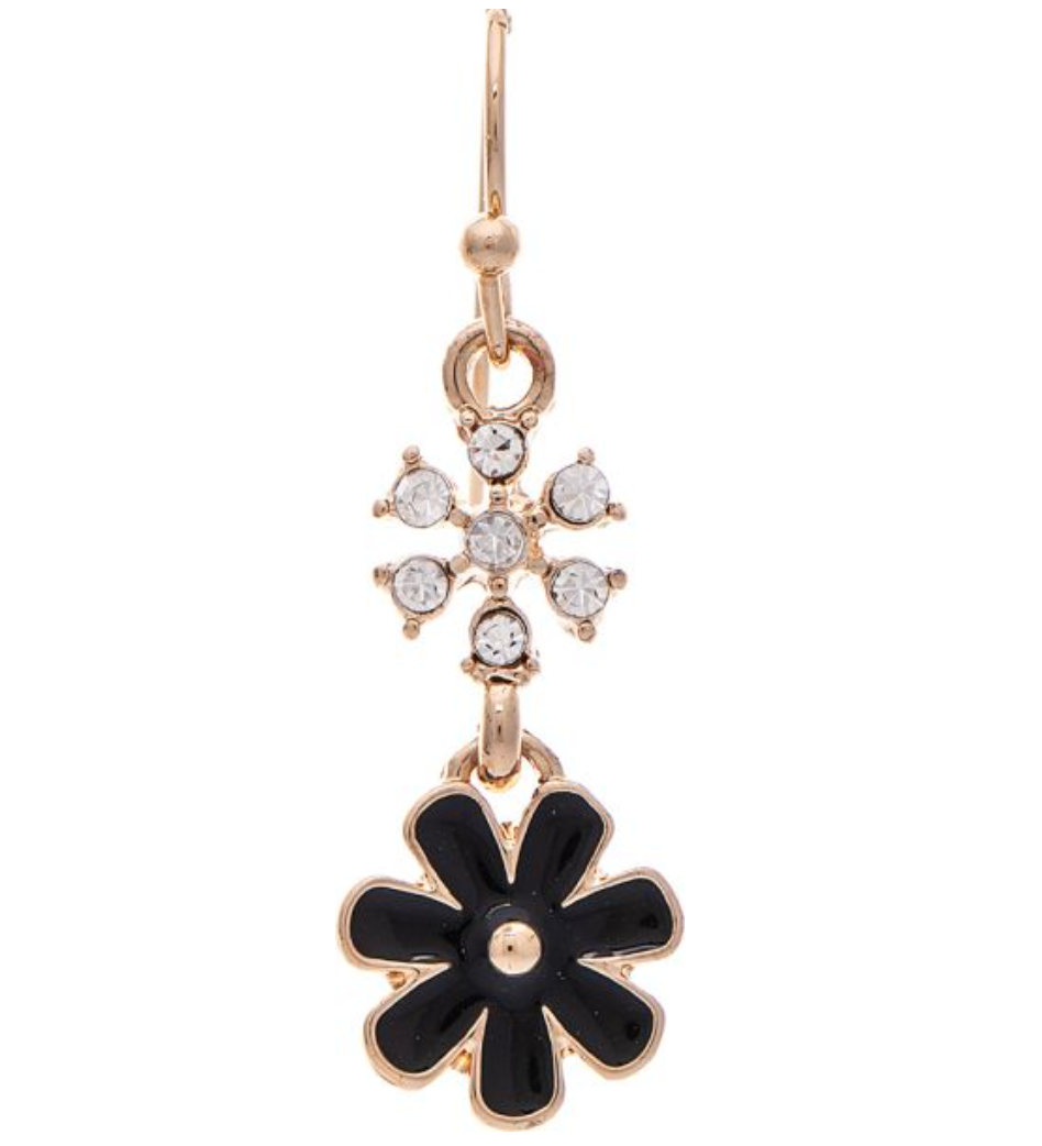Rain Gold Black Enamel Crystal Flower Earrings