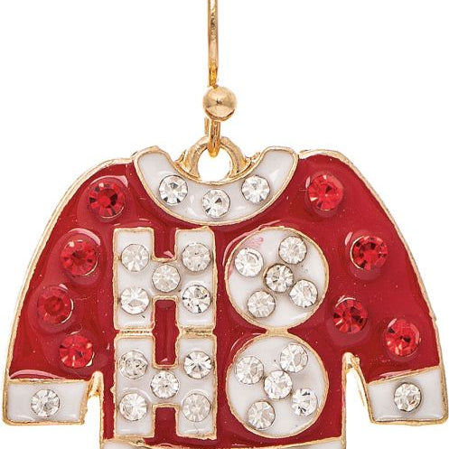 Rain Gold HO HO Ugly Sweater Earrings – playful holiday jewelry with festive sweater design, perfect for parties. Available at Be Charmed