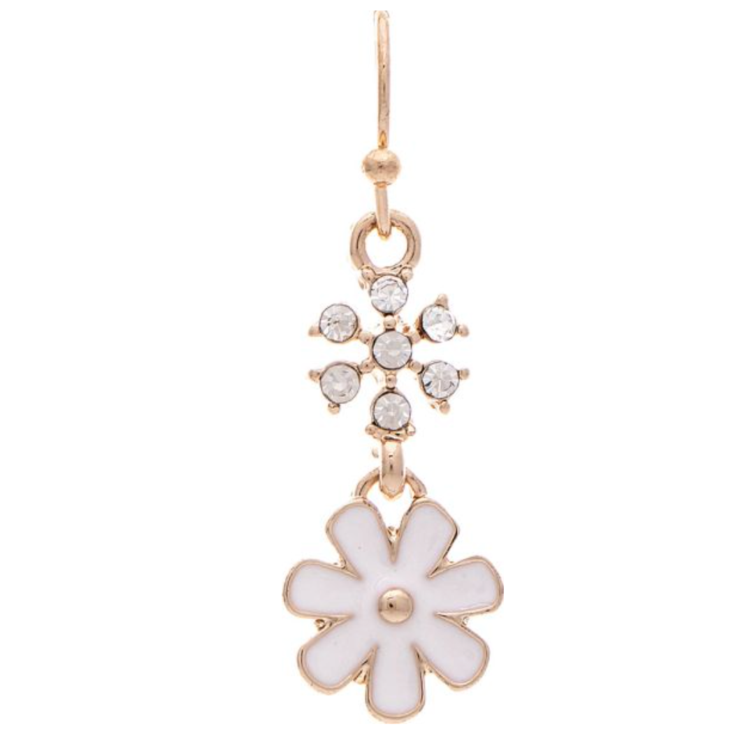 Rain Gold White Enamel Crystal Flower Earrings
