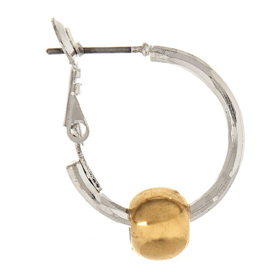 Rain silver hoop earrings with bold gold ball detail — sleek mixed-metal design. Available at Be Charmed
