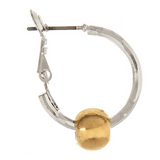 Rain silver hoop earrings with bold gold ball detail — sleek mixed-metal design. Available at Be Charmed