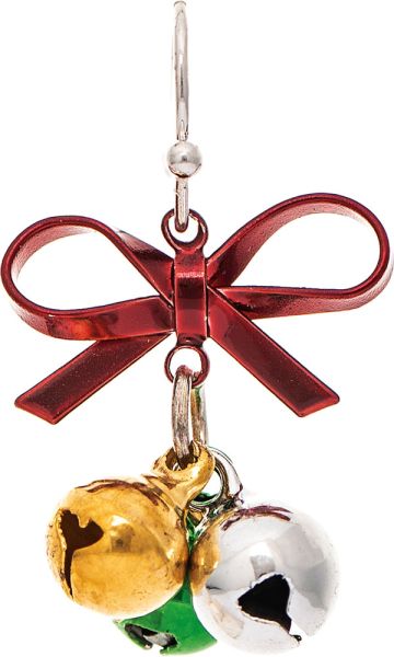 Rain Silver Red Bow Top Jingle Bells Earrings – festive holiday jewelry with jingling charm, perfect for Christmas. Available at Be Charmed
