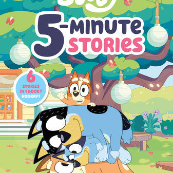Book cover of 'Bluey 5-Minute Stories' with cartoon characters in a park setting. Available at Be Charmed. 