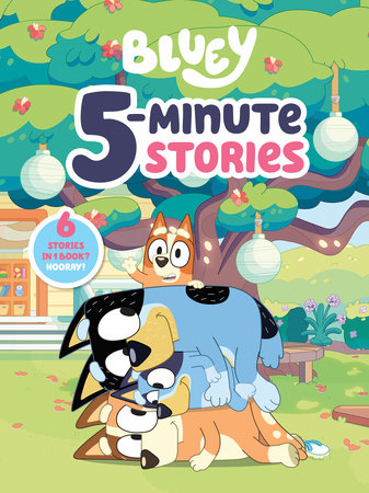 Book cover of 'Bluey 5-Minute Stories' with cartoon characters in a park setting. Available at Be Charmed. 