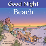 Book cover of 'Good Night Beach' with a family on a beach at sunset. Available at Be Charmed. 