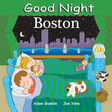 Book cover of 'Good Night Boston' with children in bed and city skyline. Available at Be Charmed. 