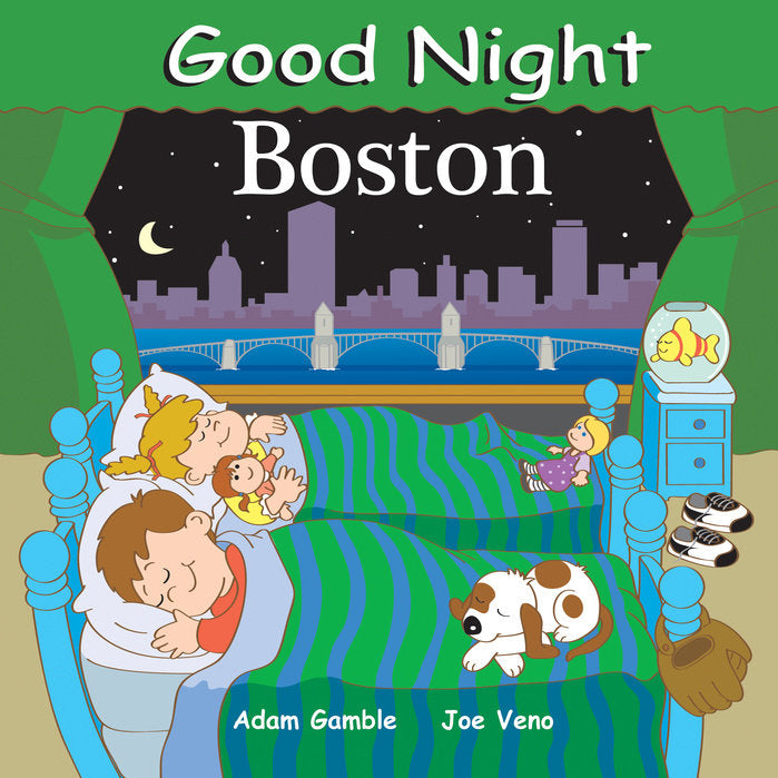 Book cover of 'Good Night Boston' with children in bed and city skyline. Available at Be Charmed. 