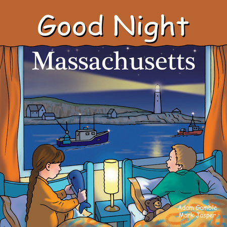 Illustration of two children lying in bed looking out at a night scene of a lighthouse and boats on the Massachusetts coast. Available at Be Charmed