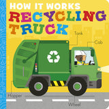 Book cover of 'How It Works Recycling Truck' with a green recycling truck illustration on a yellow background. Available at Be Charmed