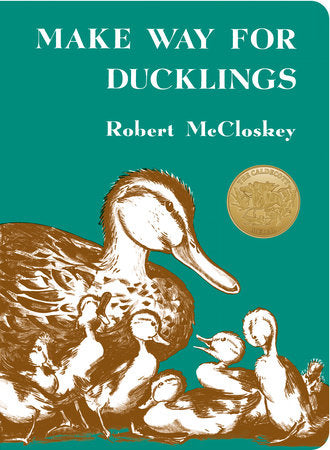 Book cover of 'Make Way for Ducklings' by Robert McCloskey with a teal background and illustration of ducks. Available at Be Charmed