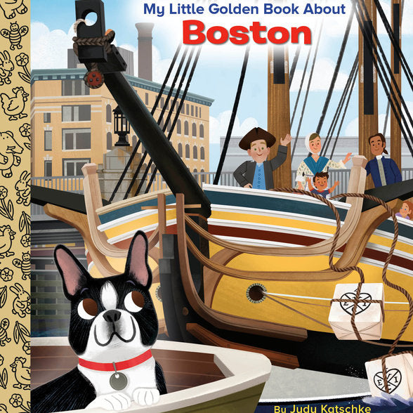 Little Golden Book cover featuring a dog and a ship with Boston skyline. Available at Be Charmed