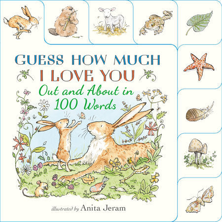 Book cover of 'Guess How Much I Love You' with illustrations of animals and nature. Available at Be Charmed