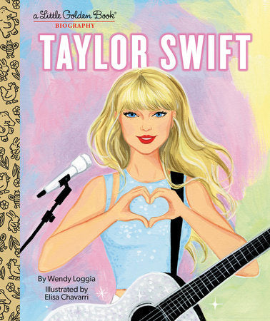 Cover of the Little Golden Book biography about Taylor Swift, featuring an illustration of the singer with a guitar and a heart shape. Available at Be Charmed