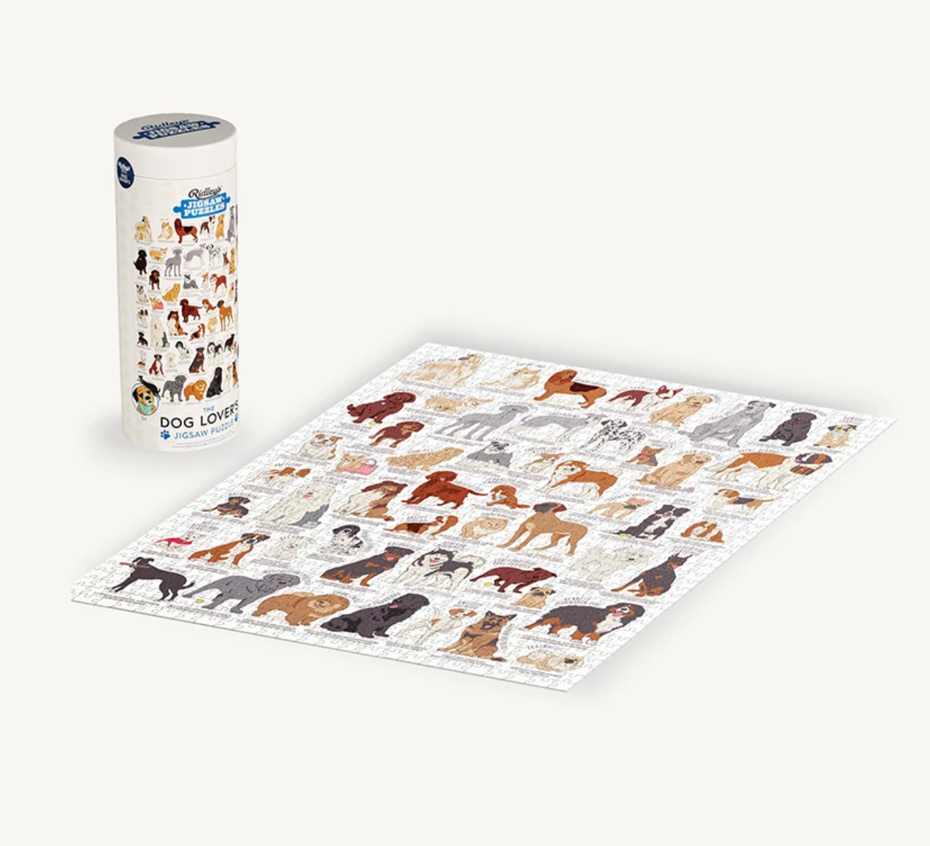 Dog Lover’s 1000-Piece Jigsaw Puzzle by Ridley’s Games – vibrant, detailed puzzle featuring over 50 dog breeds, perfect for dog lovers and puzzle fans, great for relaxing fun at home, available at Be Charmed.