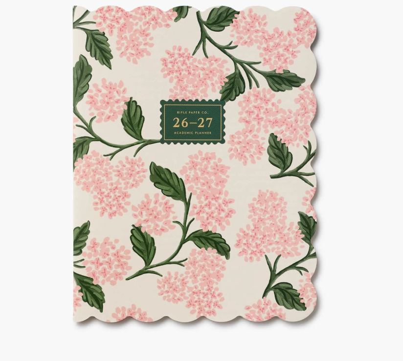 Rifle Paper Co. 2027 Pink Hydrangea 12-month academic planner featuring floral artwork, available at Be Charmed.