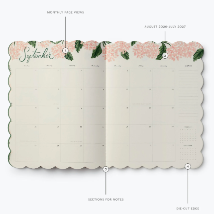 Inside picture of a Rifle Paper Co. 2027 Pink Hydrangea 12-month academic planner featuring floral artwork, available at Be Charmed.