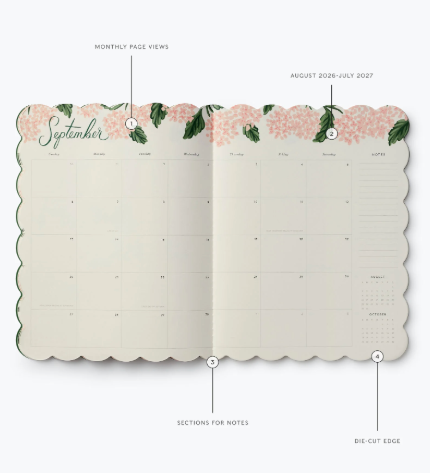 Inside picture of a Rifle Paper Co. 2027 Pink Hydrangea 12-month academic planner featuring floral artwork, available at Be Charmed.